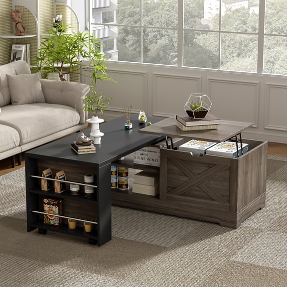 Youmumeub Lift-Top Convertible Coffee Table Desk with USB & Power Outlets — Rolling Farmhouse Center Table with Rotating Top, Large Hidden Storage and Barn Doors, 67.9 in Workstation