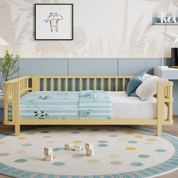 Youmumeub Low Profile Full Bed Frame with High Three-Side Rail - Natural Iron & Engineered Hardwood, Modular Removable Fence, American Artsy Style, Full Size, Easy Assembly