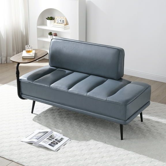 Youmumeub Luxury Grey PU Leather Ottoman Bench with Gold Legs, Modern Channel Tufted End of Bed Bench with Backrest, Stylish Entryway Seating with Side Table