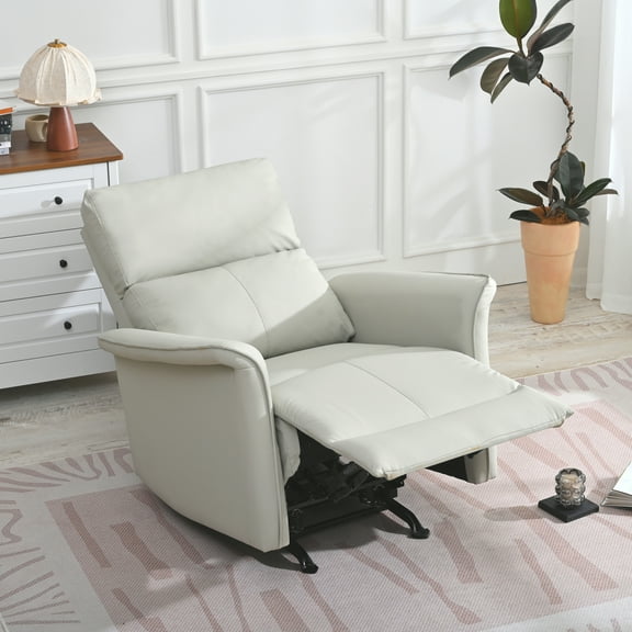 Youmumeub Manual Rocker Recliner Chair for Small Spaces, PU Leather Glider Recliner for Living Room or Home Theater, Light Gray