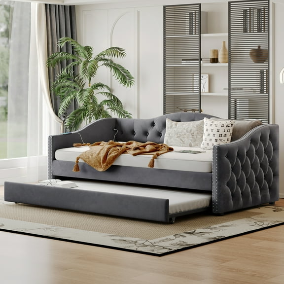 Youmumeub Mid-Century Twin Daybed with Trundle, Upholstered Velvet Sofa Bed with Tufted Back & Nailhead Trim for Living Room, Gray