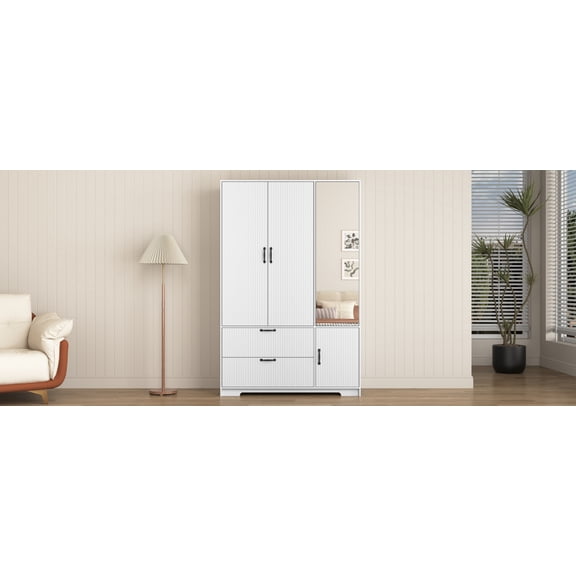 Youmumeub Modern 4-Door Wardrobe Armoire with Mirror & LED Light, 71" White Storage Closet with 2 Drawers, Hanging Rod & Shelves for Bedroom