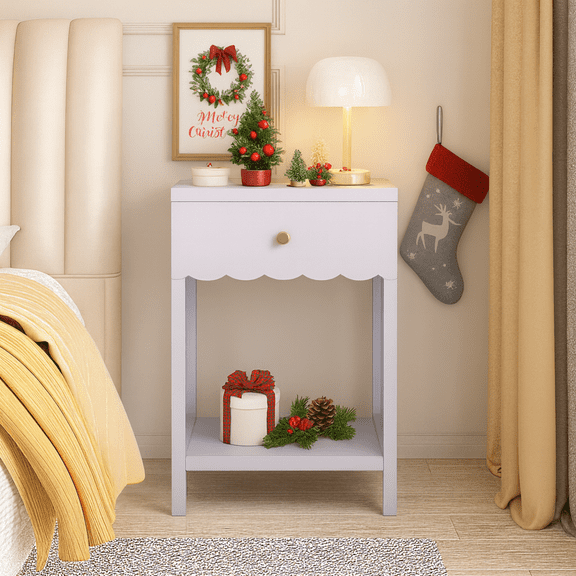 Youmumeub Modern Pastel End Table with Storage, Aesthetic Lilac Nightstand with Scalloped Trim, Minimalist Bedroom Organiser, 1-Drawer Accent Furniture
