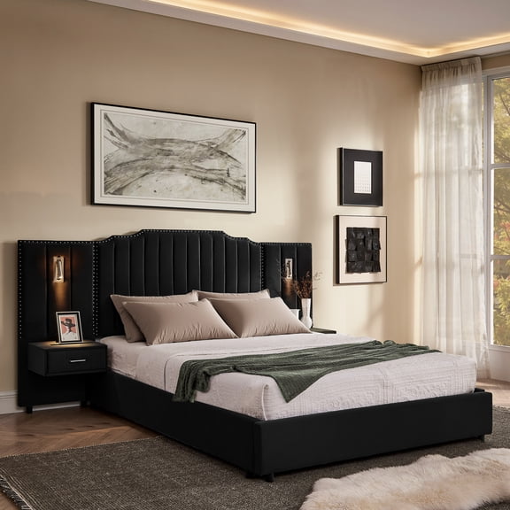 Youmumeub Modern Queen Platform Bed with Padded Headboard, Solid MDF Frame and Velcro-Secured Slats, Built-In Nightstand & Dual Adjustable Lamps, Easy Assembly, No Box Spring - Black