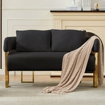 Youmumeub Modern Teddy Sherpa Loveseat, 51" Upholstered Bedroom Bench with Gold Metal Legs, Luxury Black Boucle Settee Sofa for Living Room, Entryway & Office