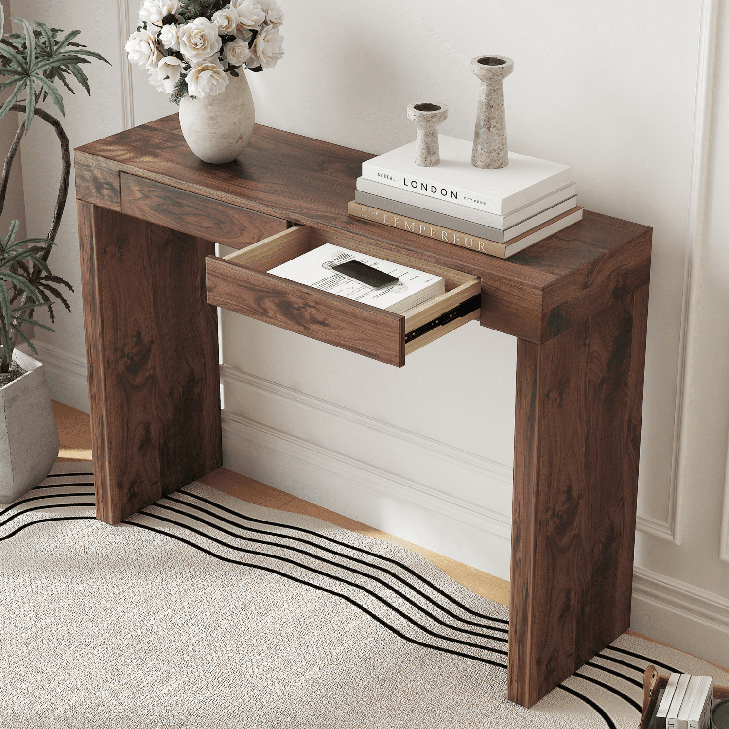 Youmumeub Modern Walnut Console Table & Desk, 50 Inch Narrow Entryway Table with Storage Drawers, High Standing Computer Desk for Home Office & Hallway, Natural