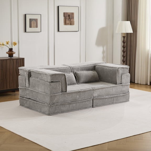 Youmumeub Modular Mahjong Sofa, 79" Light Grey Floor Couch, Convertible Memory Foam Sectional Sleeper, Circle Fleece Low Profile Loveseat, No Assembly