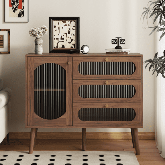 Youmumeub Natural Accent Cabinet, Storage Chest with 3 Drawers, Single Door & Solid Wood Legs, Classic Carved Lines Sideboard for Entryway Living Room