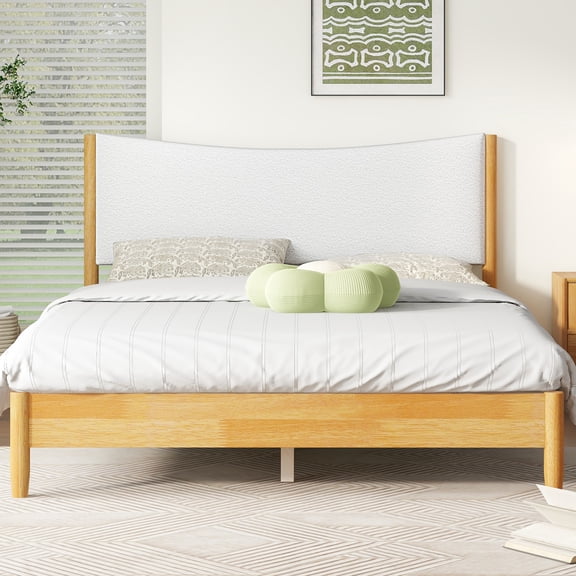 Youmumeub Queen Platform Bed, Solid Rubber Wood Frame with Plush Boucle Headboard, Natural/Beech White Finish, Enhanced Support Feet & 300lb Capacity