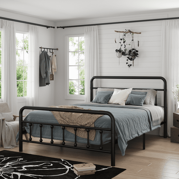 Youmumeub Queen Size Metal Platform Bed Frame with Headboard, Reinforced Sturdy Structure, Noise-Free, Ample Under Bed Storage, No Box Spring Needed, Black