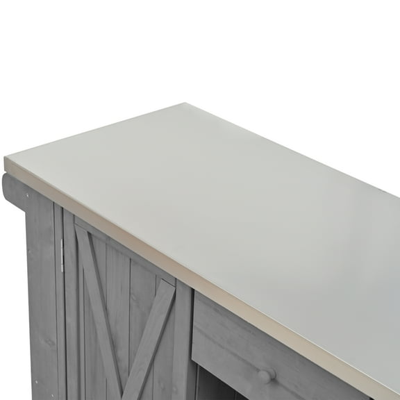 Youmumeub Rolling Bar Cart & Outdoor Serving Table, Grey Fir Wood Kitchen Island with Storage Cabinets, Drawer & Stainless Steel Top