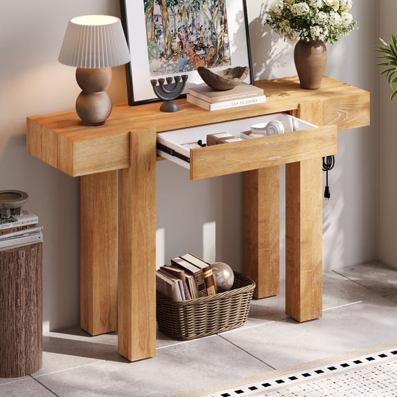 Youmumeub Rustic Minimalist Console Table with Charging Station, Solid Wood Entryway Table with Hidden Drawer, Narrow Sofa Table with Power Outlet Natural