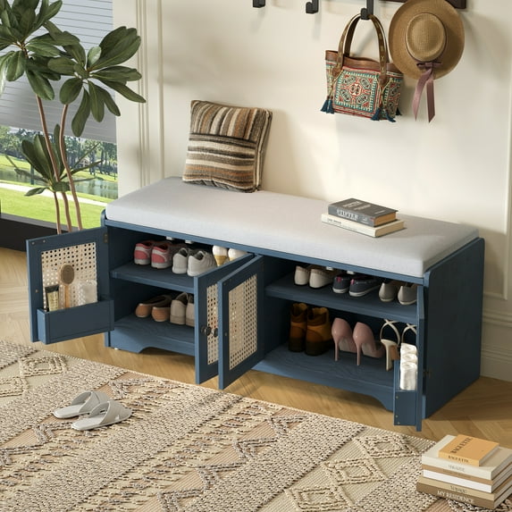 Youmumeub Rustic Wood Entryway Storage Bench with Removable Cushion, Antique Navy Shoe Bench with Woven Rattan Doors, 4-Door Cabinet with Adjustable Shelves