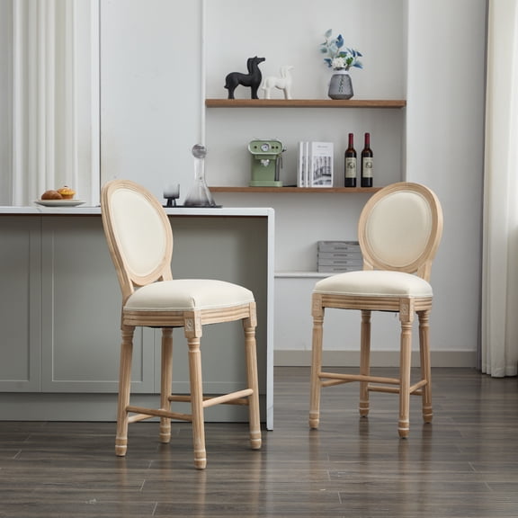 Youmumeub Solid Wood Bar Stools Set of 2, French Country Upholstered Barstools with Backrest, Classic Retro Wood Finish, Beige Fabric for Kitchen Counter