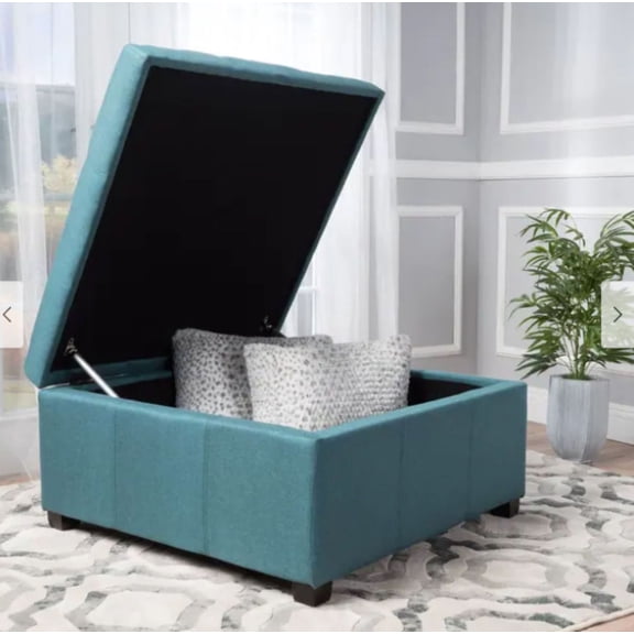 Youmumeub Tufted Square Storage Ottoman, Dark Teal Accent Ottoman & Extra Seating – Waffle Tufted Upholstered Seat with Birch Tapered Legs, Pressure-Assist Lid for Soft Close