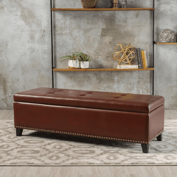 Youmumeub Tufted Waffle Leather Storage Ottoman 51 Inch — Contemporary Nailhead-Trim Bench with Hidden Interior, Pressure-Hinge Soft-Close Lid, Upholstered Long Foot Rest for Living Room, Chestnut