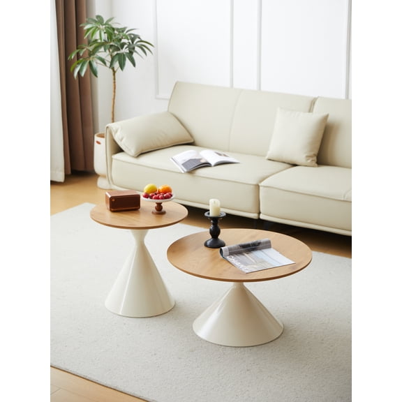 Youmumeub Two-Piece Round Coffee & Side Table Set - White Top with Wood Veneer, Carbon Steel Double-Cone Frame, Versatile Accent Tables for Living Room, Nesting or Separate, 27.56” & 19.68”