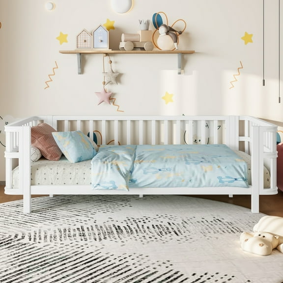 Youmumeub White Twin Platform Bed with Iron Frame & Removable Railings, Low Height Modern Bed Frame, Engineered Wood Slats, Modular Bedside Design, Easy Assembly, Twin Size
