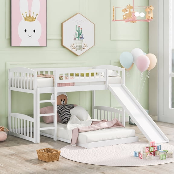 Youmumeub White Twin Over Twin Bunk Bed with Slide & Ladder, Solid Wood Low Profile Frame, Fun Bedroom Sleeping Solution with Safety Guardrails, No Box Spring Needed