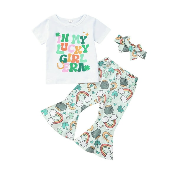Youmylove Baby Girl 4Th Of July Outfit Toddler Girls Summer Irish Festival Short Sleeve Letter Prints T Shirt Bell Bottoms Headbands 2 Piece Set 2-3 Years