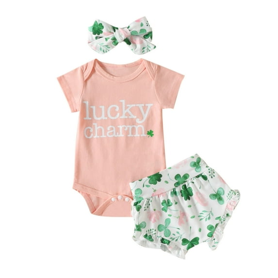 Youmylove Baby Girl Clothes Infant Girls St. Patric.K's Day Outfit Short Sleeve Letter Floral Printed Romper Bodysuit Shorts Headbands Outfits 3-6 Months