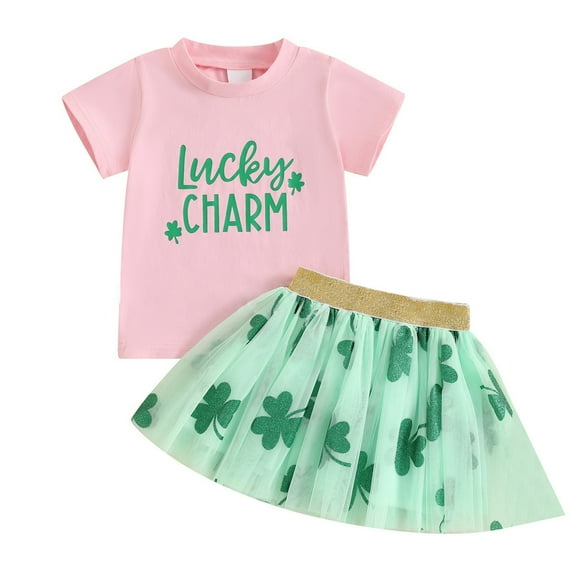 Youmylove Baby Girl Clothes St. Patrick's Day Outfit Toddler Girls Summer Short Sleeve Letter Print T Shirt Tops + Skirts Set 4-5 Years