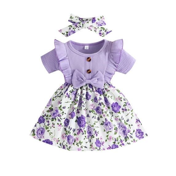 Youmylove Baby Girls Clothes Summer Outfits Short Sleeve Knitted Floral Dress Headband Baby Playwear