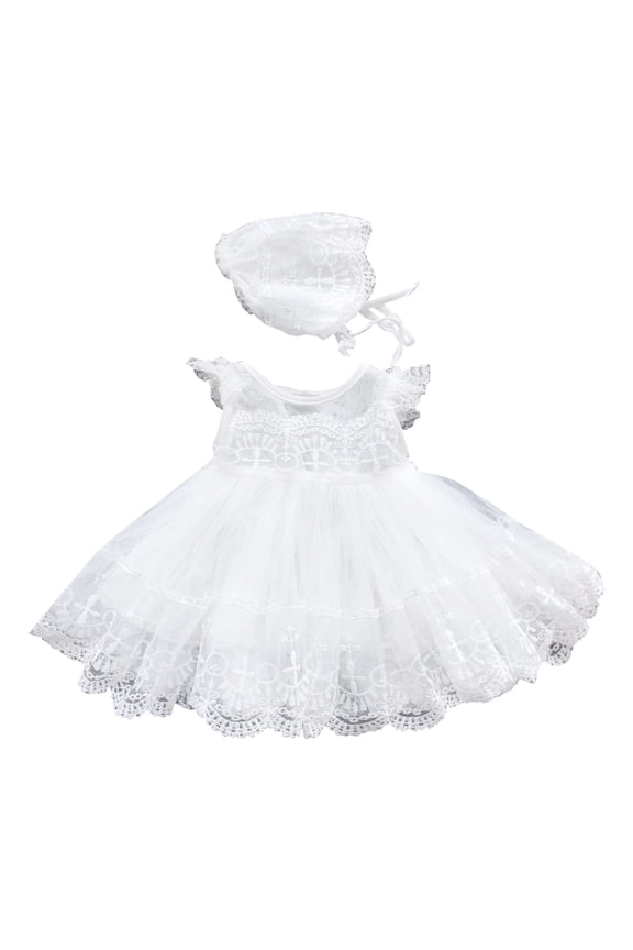 Baby Girls Dress Lace Crochet Tulle Dress O Neck Ruffled Sleeve Bubble Dress