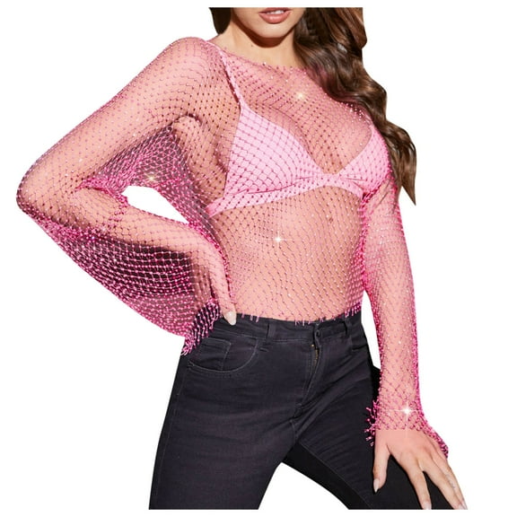 Youmylove Beach Vacation Clothes for Women New Mesh Mesh Body Chain Crystal Long Sleeved Fishing Net Crop Top Rhinestone Cover Up Blouse Beach Dress Loungewear