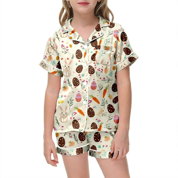 Youmylove Big Girls Button Down Sleepwear Set Children Easter Cute Print Pajamas Stylish Short Sleeved Shorts Nightwear Set 12-13 Years