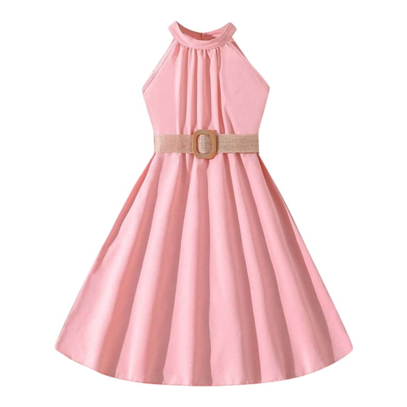 Youmylove Children Dress Solid Color Halter Neck A-Line Dress Princess Dress Fashion Outwear