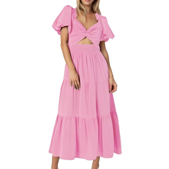 Youmylove Cocktail Dresses for Women Solid V Neck Long Sleeve Puff Sleeve Slimming Dress A Line Flowy Long Dresses