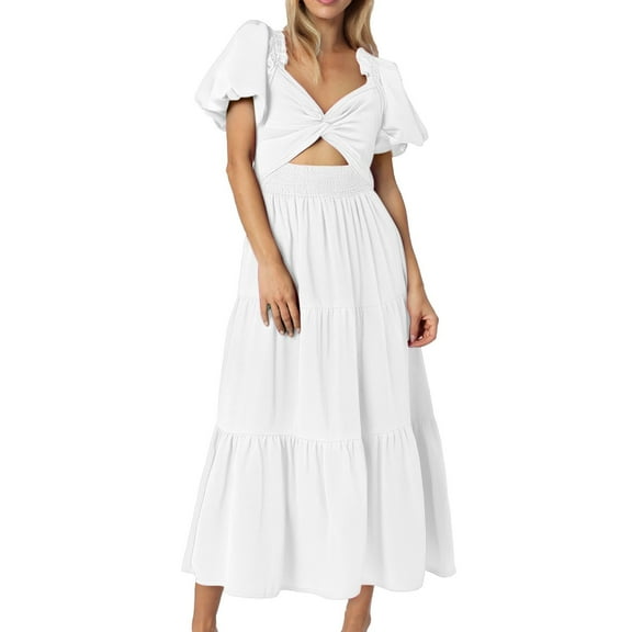 Youmylove Cocktail Dresses for Women Solid V Neck Long Sleeve Puff Sleeve Slimming Dress Modest Flowy Maxi Dress