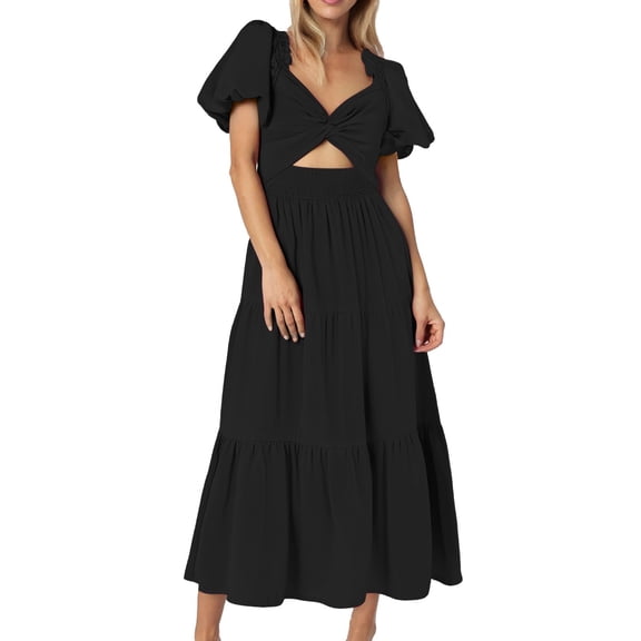 Youmylove Dresses for Women Solid V Neck Long Sleeve Puff Sleeve Dress Stylish Floral Boho Dress