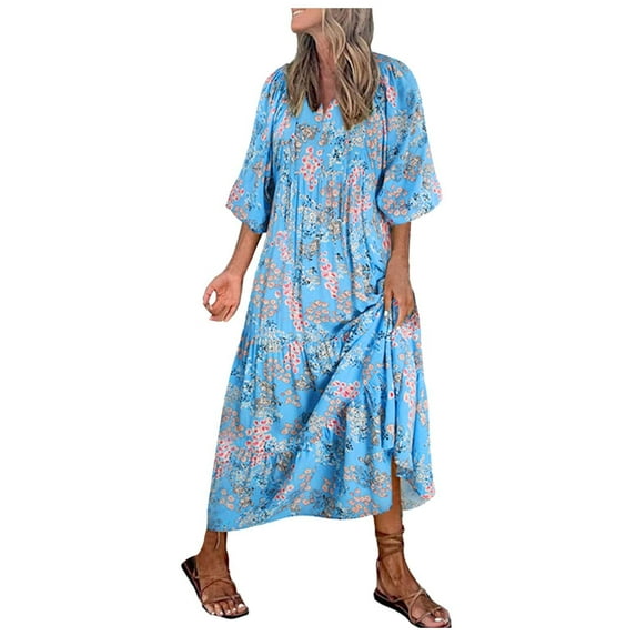 Youmylove Dress Women Fashion Boho Print Half Sleeve V-Neck Strap Loose Splice Long Casual Beach Summer Stylish Travel Sundress