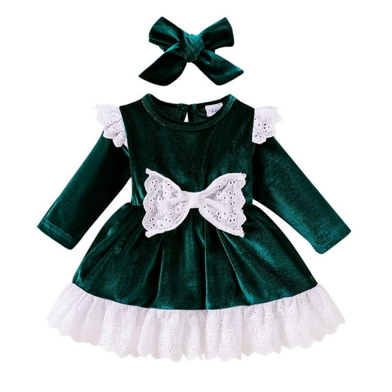 Youmylove Dresses For Girls Toddler Girls Long Sleeve Ruffles Bowknot Dresses Princess Dress Headbands Set