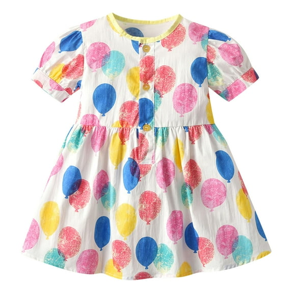 Youmylove Dresses For Girls Toddler Kids Children'S Summer Short Sleeve Balloon Printed Cartoon Prints Bowknot Princess Dress Fashion