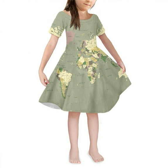 Youmylove Dresses For Girls Toddler Short Sleeved Crewneck Map Print Dress For 1 To 6 Years