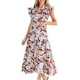 thumbnail image 1 of Youmylove Dresses for Women Elegant Summer Floral Midi Dress Cap Sleeve V Neck Ruffle Long Flowy Boho Casual Beach Sundress Vacation Sundresses, 1 of 8