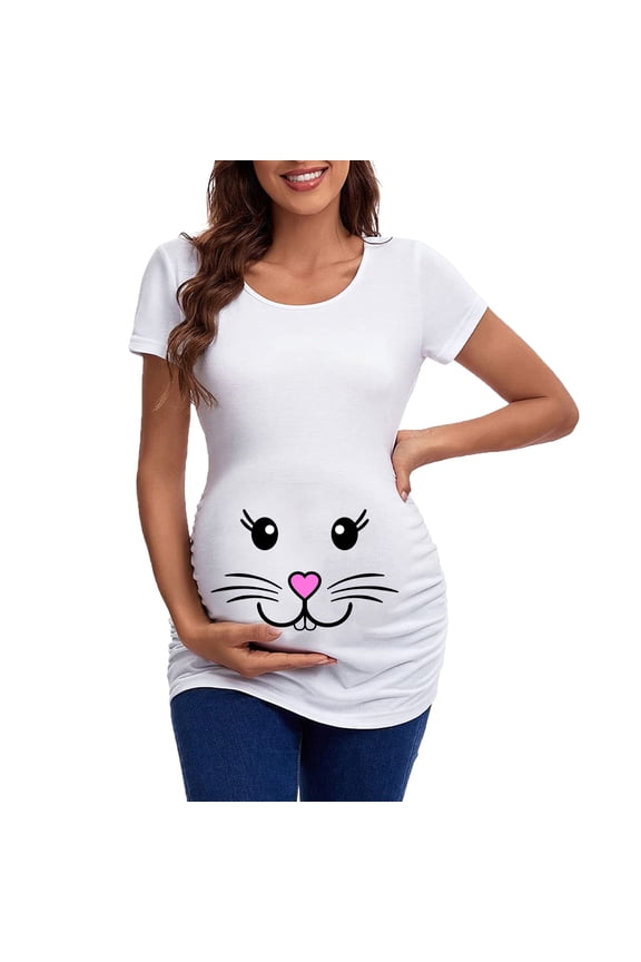 Easter Women Maternity Short Sleeve Crew Neck Rabbit Graphic Ruched Sides T-Shirt Tee Shirts Tops Pregnancy Tunic Blouse Comfy