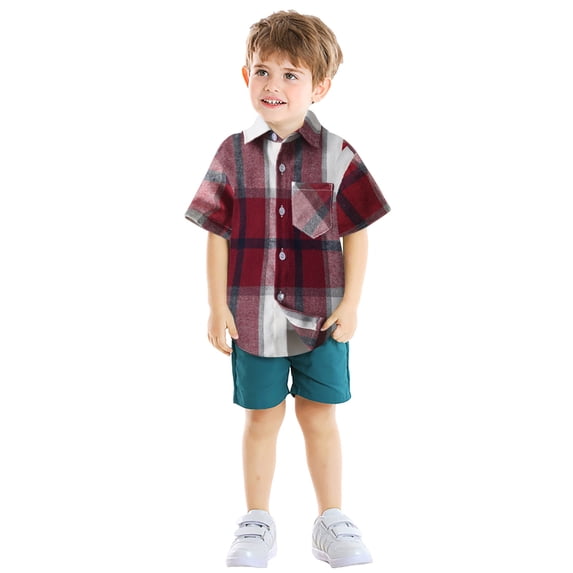 Youmylove Fashion Boys Shirts Toddler Boys Short Sleeve Plaid Shirt Prints Gentleman Tops Button Down Shirts Crewneck Tops Basic Tees For 3-4 Years
