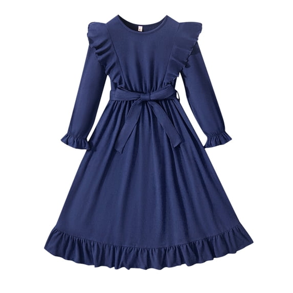 Youmylove Fashion Dresses For Girls Girl'S Ruffle Trim Long Sleeve Solid Color Casual Midi Dress A Line Belted Party Princess Dresses