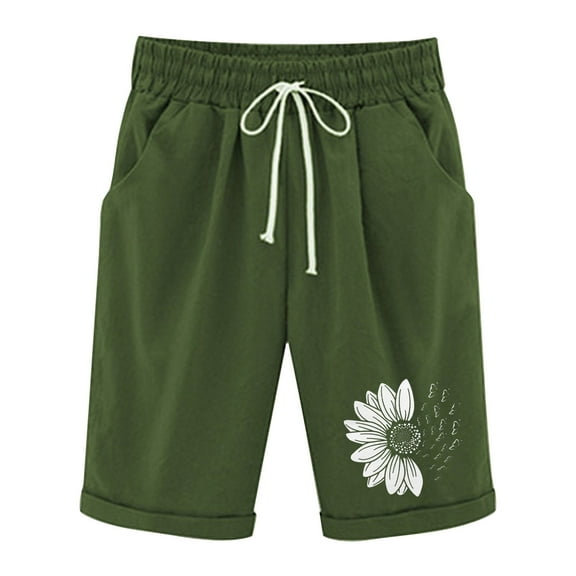 Youmylove Fashion Shorts For Women Linen Sunflower Printed Cartoon Solid Color Pocket Tied Shorts Casual Pants Comfy Lightweight Shorts