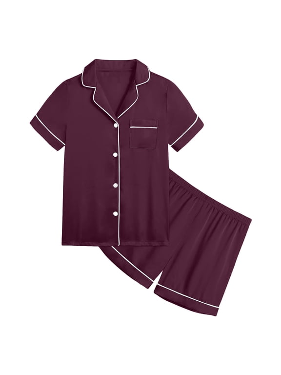 Girl's 2 Piece Pajamas Set Stylish Girls Pajamas Short Sleeve Kids Button Down Sleepwear Solid Color Shirt Shorts Casual Outfits Casual Comfort Sleepwear 4-5 Years