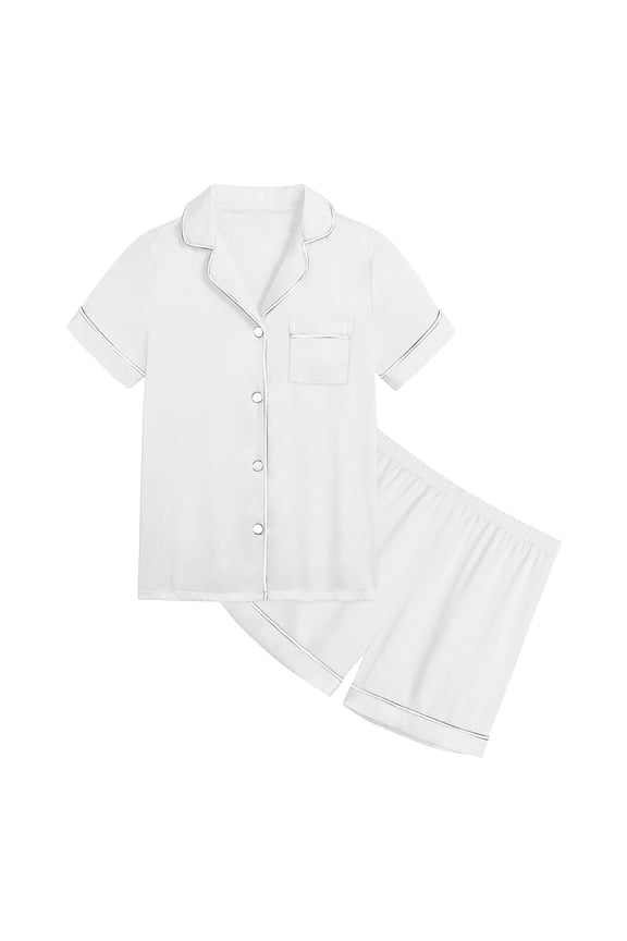 Girl's 2 Piece Pajamas Set Stylish Girls Pajamas Short Sleeve Kids Button Down Sleepwear Solid Color Shirt Shorts Casual Outfits Daily Casual Pajamas 10-11 Years