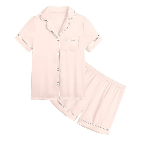 Youmylove Girl's 2 Piece Pajamas Set Stylish Girls Pajamas Short Sleeve Kids Button Down Sleepwear Solid Color Shirt Shorts Casual Outfits Soft Nightwear Loungewear 4-5 Years