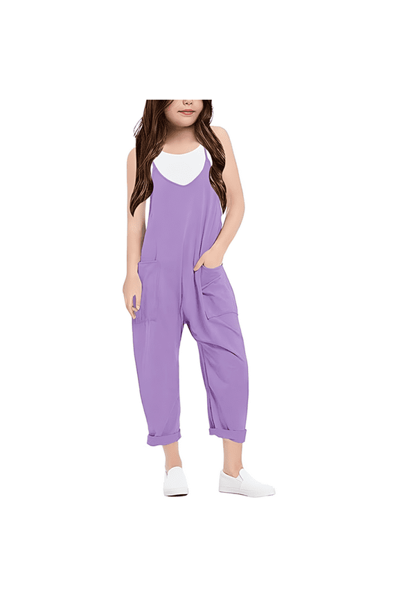 Girls Casual Sleeveless Jumpsuits Fashion Solid Color Spaghetti Strap Summer Loose Romper Long Pants With Pockets Spaghetti Strap Overalls 4-5 Years