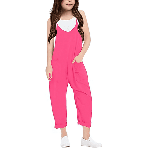 Youmylove Girls Casual Sleeveless Jumpsuits Fashion Solid Color Spaghetti Strap Summer Loose Romper Long Pants With Pockets Stylish Beach Playsuit 13-14 Years