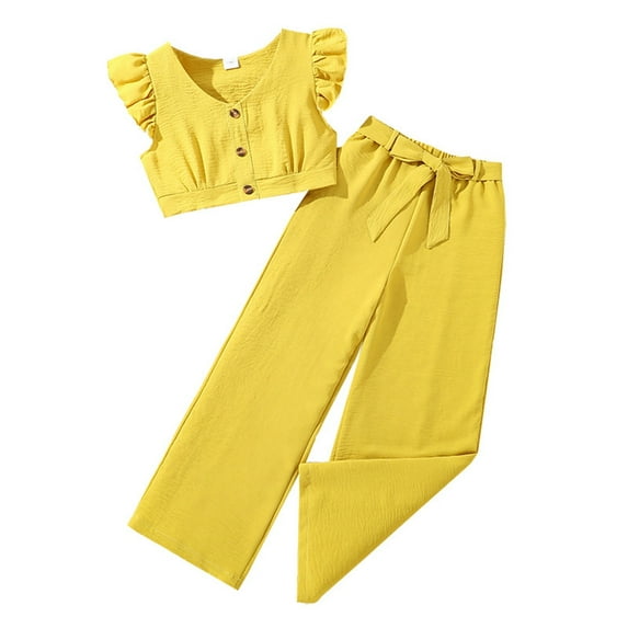 Youmylove Girls Clothes Set Kids Girl Fashion Fly Sleeve Button Crop Tops + Wide Leg Pants Summer 2 Piece Outfits Stylish Comfot Clothing For 8-9 Years