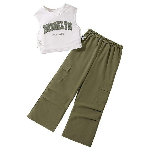 Youmylove Girls Clothes Summer Sleeveless Letter Print Tank Top And Cargo Pants 2 Piece Casual Outfits For Big Kids Stylish Clothing For 11-12 Years